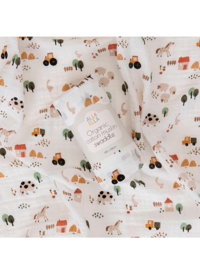 All4Ella Organic Cotton Muslin Swaddle - Country Farm - Image 4